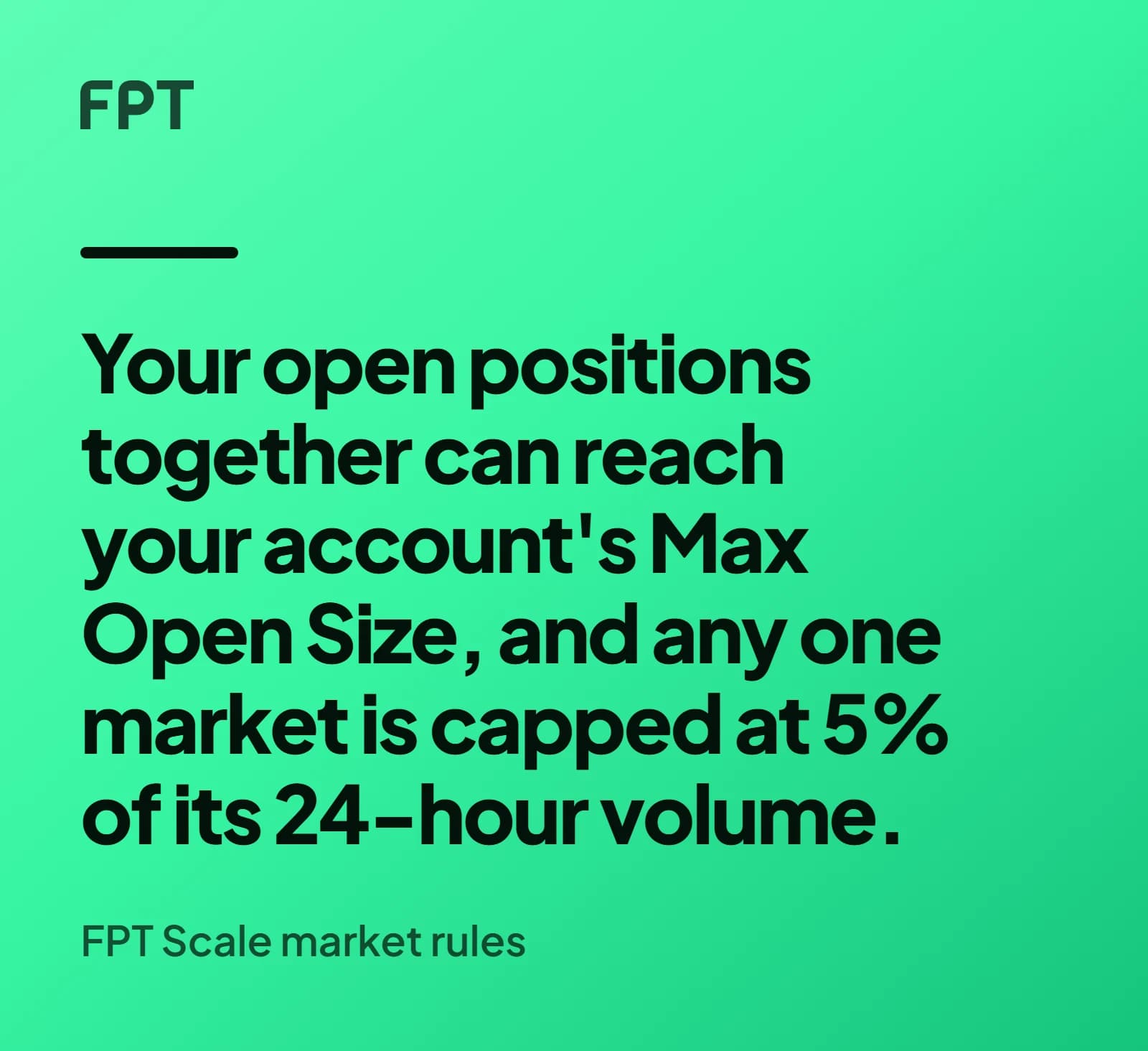 A quote card on a bright mint ground reading: your open positions together can reach your account's Max Open Size, and any one market is capped at 5% of its 24-hour volume, attributed to the FPT Scale market rules.